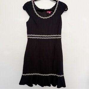 Betsey Johnson Black Cap Sleeve Dress With White Accent Zig Zag Stitching